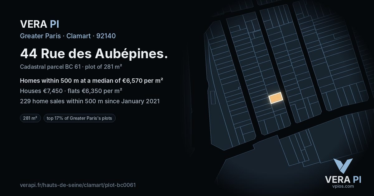 44 Rue des Aubépines, Clamart at night – the plot lit, the parcels around coloured by the prices near them