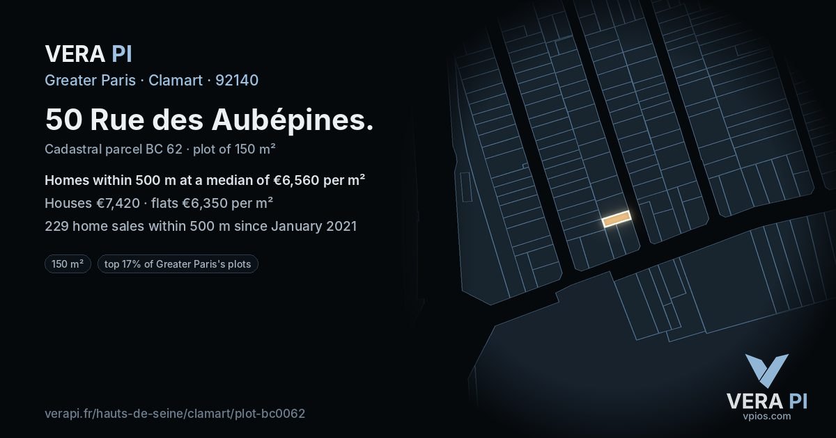 50 Rue des Aubépines, Clamart at night – the plot lit, the parcels around coloured by the prices near them