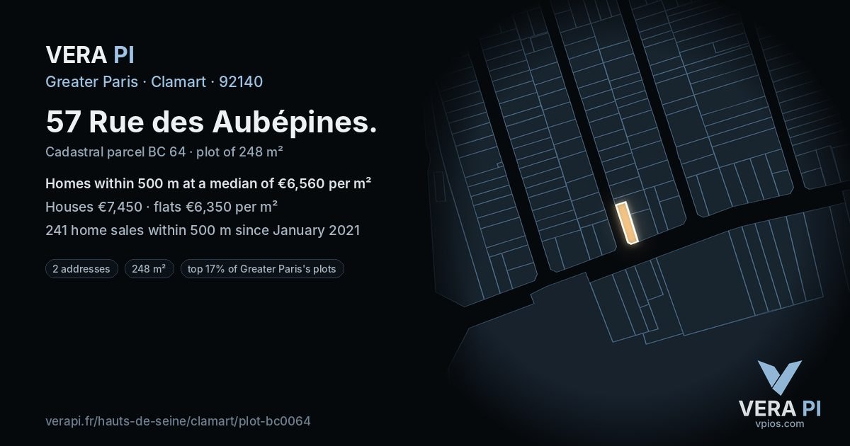 57 Rue des Aubépines, Clamart at night – the plot lit, the parcels around coloured by the prices near them