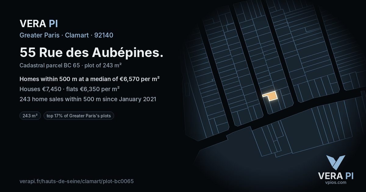 55 Rue des Aubépines, Clamart at night – the plot lit, the parcels around coloured by the prices near them