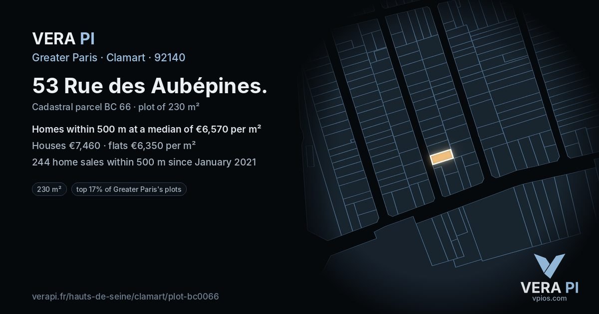 53 Rue des Aubépines, Clamart at night – the plot lit, the parcels around coloured by the prices near them