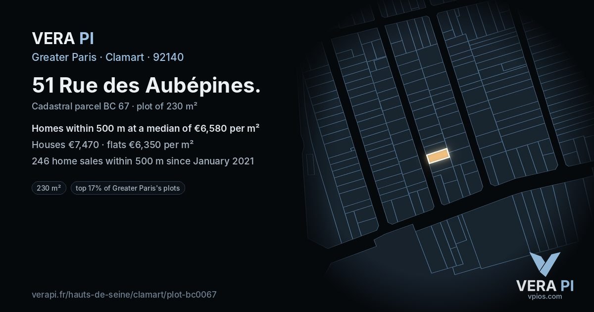 51 Rue des Aubépines, Clamart at night – the plot lit, the parcels around coloured by the prices near them