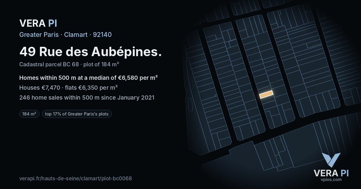 49 Rue des Aubépines, Clamart at night – the plot lit, the parcels around coloured by the prices near them