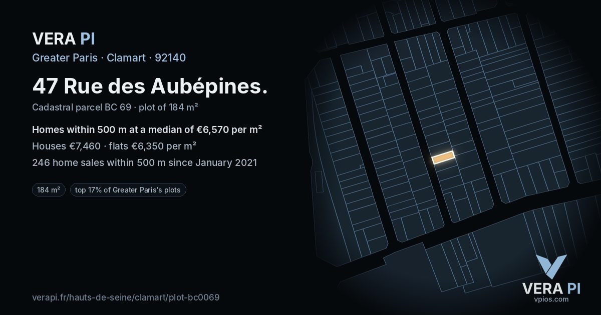 47 Rue des Aubépines, Clamart at night – the plot lit, the parcels around coloured by the prices near them