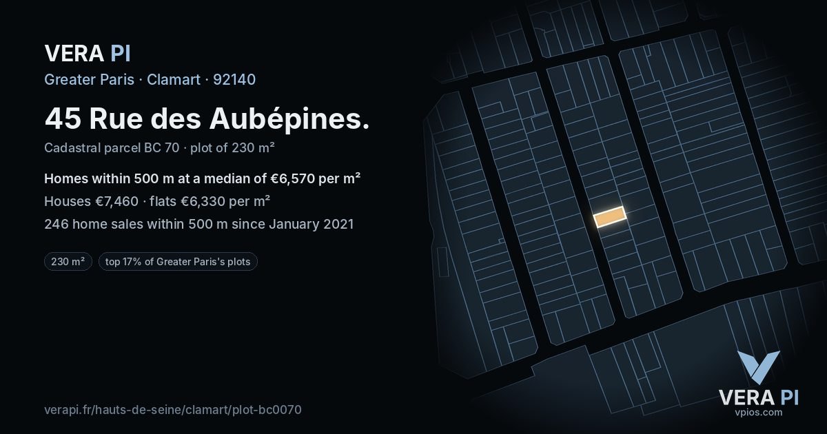 45 Rue des Aubépines, Clamart at night – the plot lit, the parcels around coloured by the prices near them