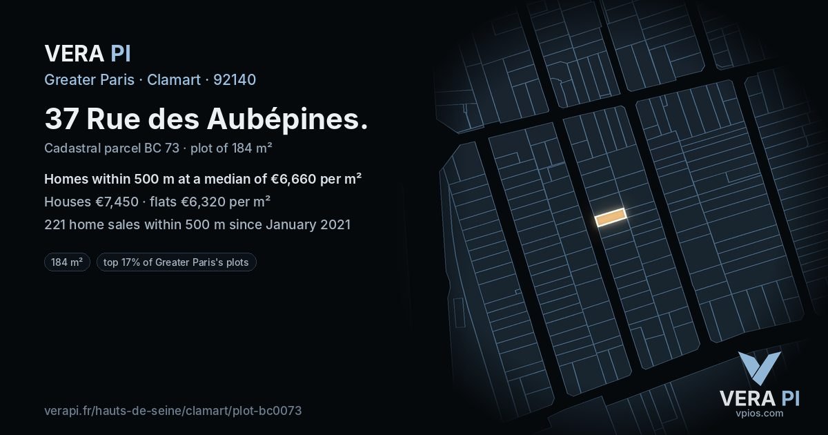 37 Rue des Aubépines, Clamart at night – the plot lit, the parcels around coloured by the prices near them