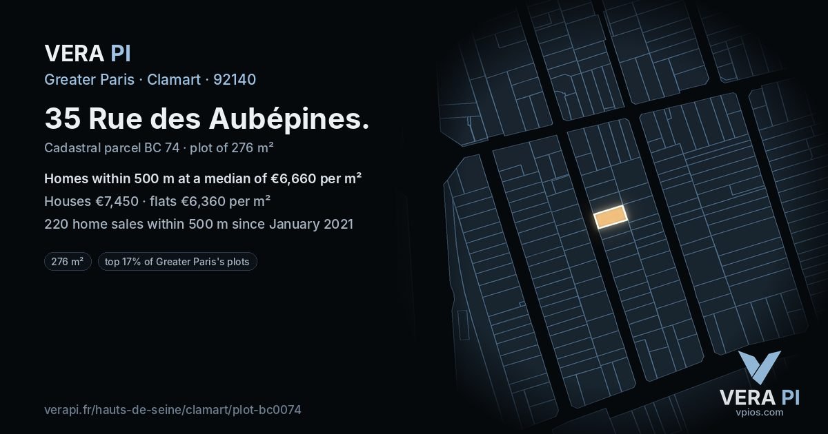 35 Rue des Aubépines, Clamart at night – the plot lit, the parcels around coloured by the prices near them