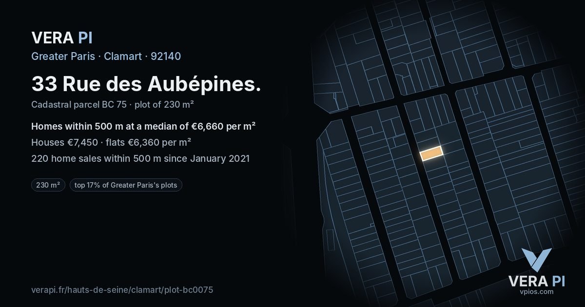 33 Rue des Aubépines, Clamart at night – the plot lit, the parcels around coloured by the prices near them