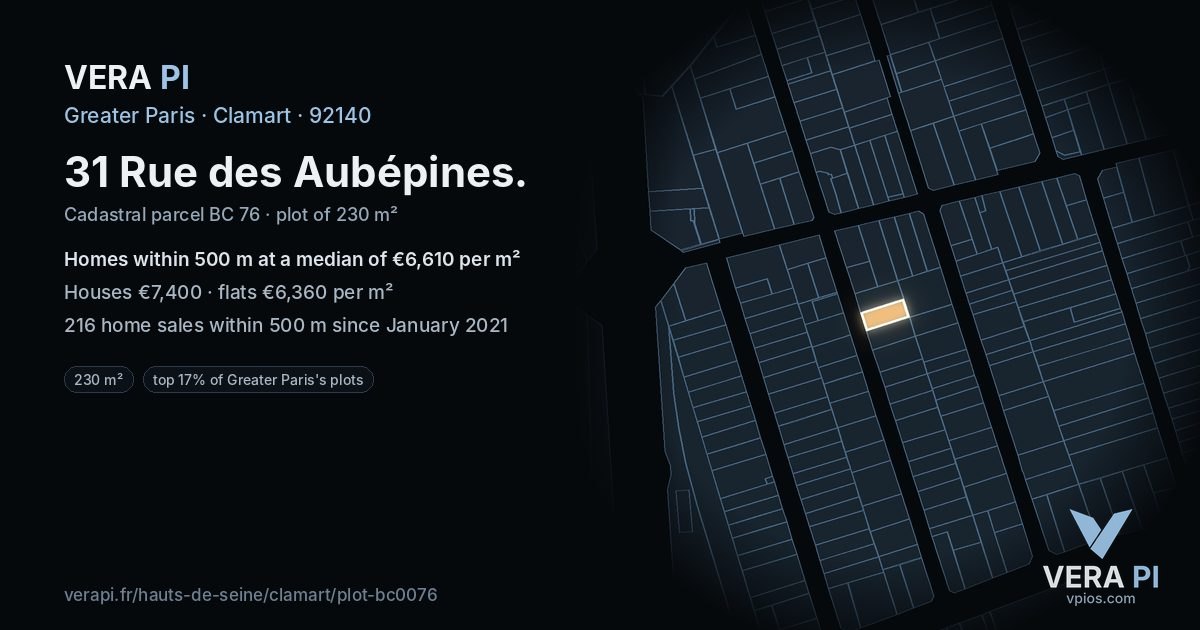 31 Rue des Aubépines, Clamart at night – the plot lit, the parcels around coloured by the prices near them