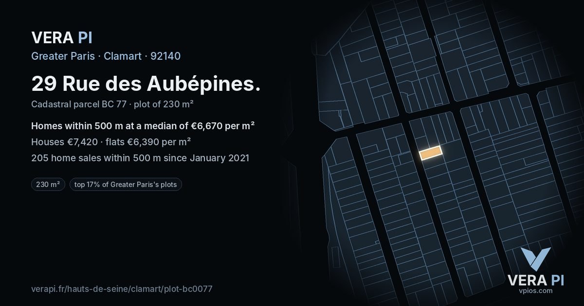29 Rue des Aubépines, Clamart at night – the plot lit, the parcels around coloured by the prices near them