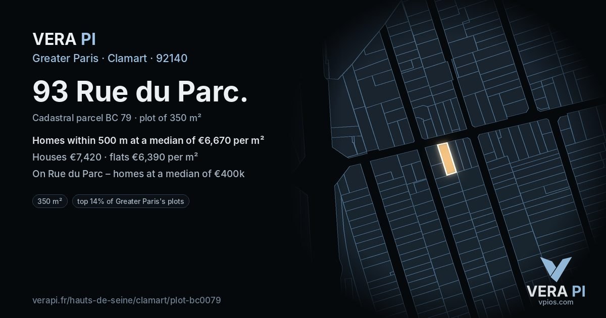93 Rue du Parc, Clamart at night – the plot lit, the parcels around coloured by the prices near them