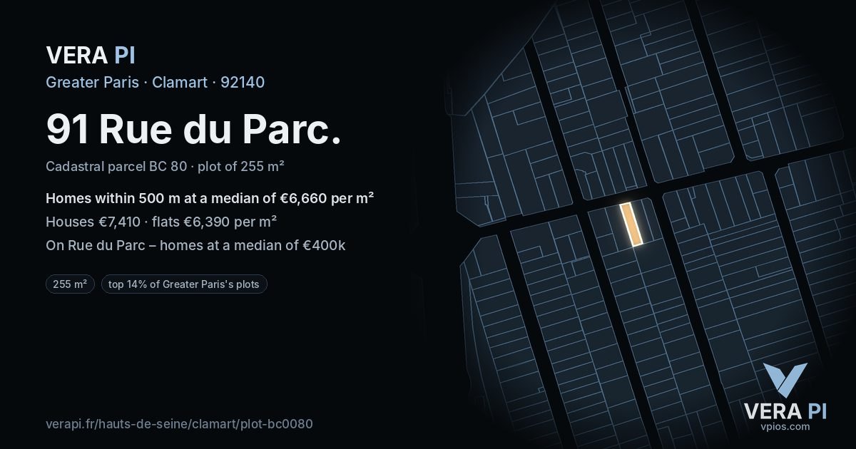 91 Rue du Parc, Clamart at night – the plot lit, the parcels around coloured by the prices near them