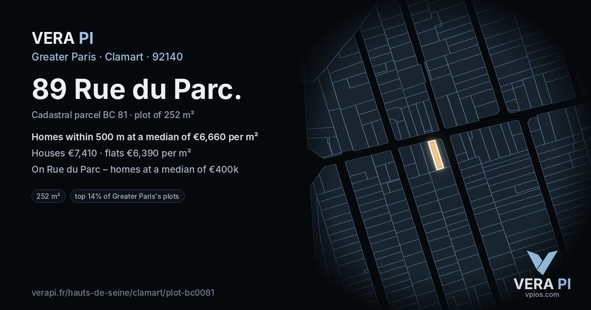 89 Rue du Parc, Clamart at night – the plot lit, the parcels around coloured by the prices near them