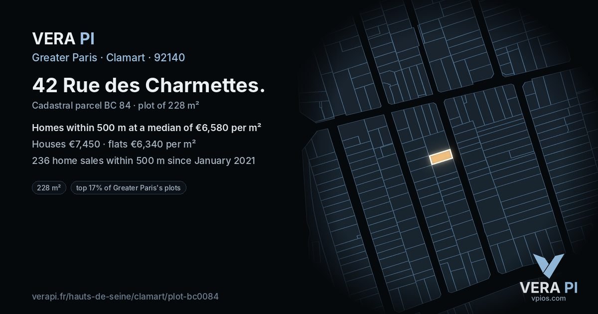 42 Rue des Charmettes, Clamart at night – the plot lit, the parcels around coloured by the prices near them