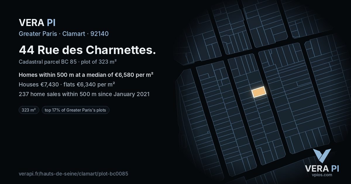 44 Rue des Charmettes, Clamart at night – the plot lit, the parcels around coloured by the prices near them