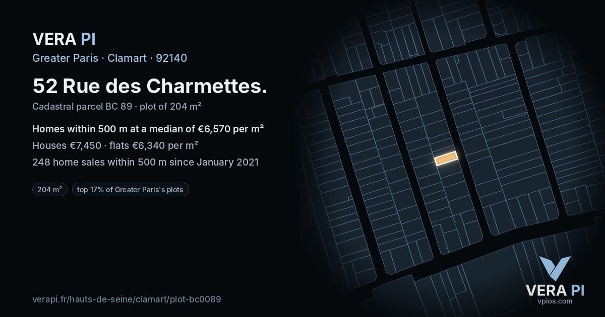 52 Rue des Charmettes, Clamart at night – the plot lit, the parcels around coloured by the prices near them