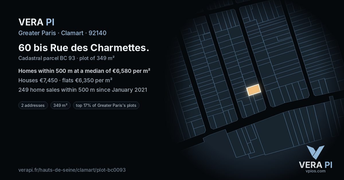 60 bis Rue des Charmettes, Clamart at night – the plot lit, the parcels around coloured by the prices near them