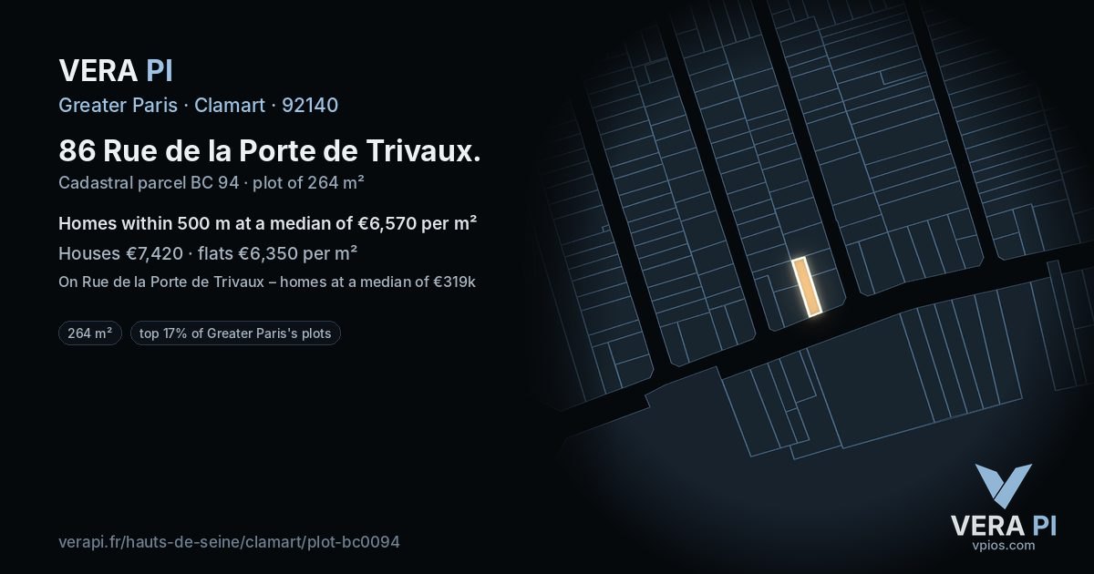 86 Rue de la Porte de Trivaux, Clamart at night – the plot lit, the parcels around coloured by the prices near them
