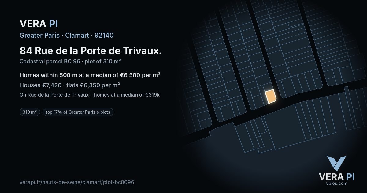 84 Rue de la Porte de Trivaux, Clamart at night – the plot lit, the parcels around coloured by the prices near them
