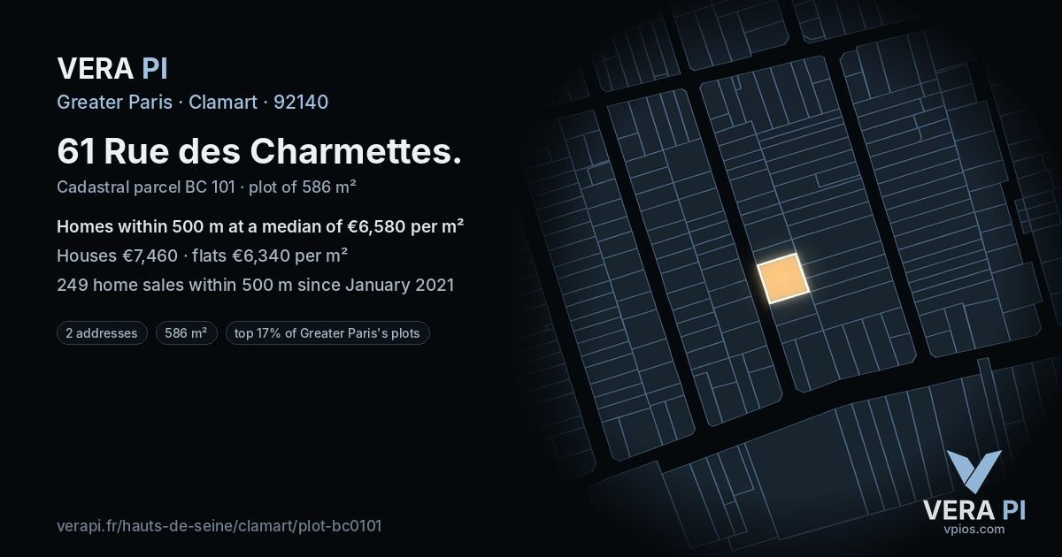 61 Rue des Charmettes, Clamart at night – the plot lit, the parcels around coloured by the prices near them