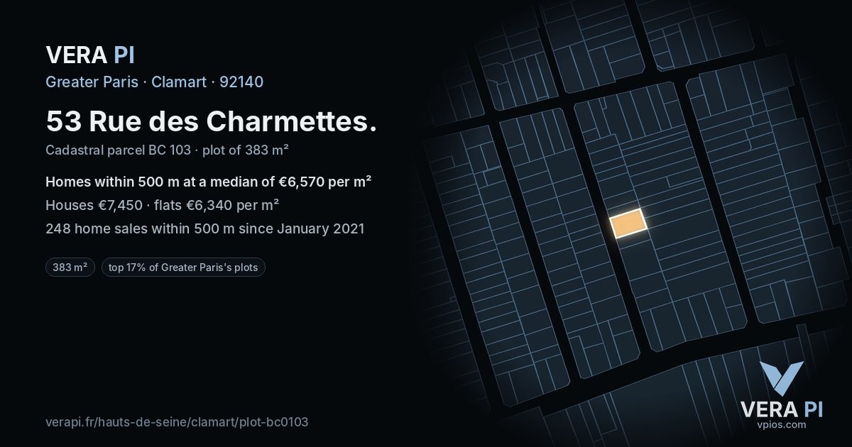 53 Rue des Charmettes, Clamart at night – the plot lit, the parcels around coloured by the prices near them