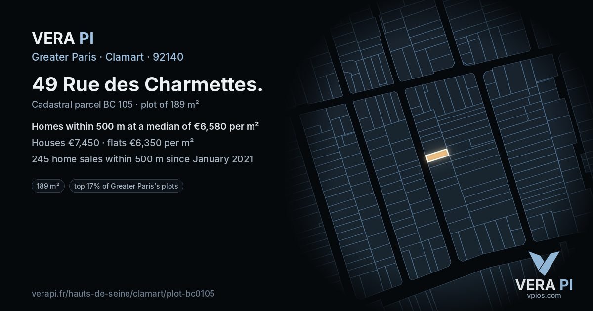 49 Rue des Charmettes, Clamart at night – the plot lit, the parcels around coloured by the prices near them