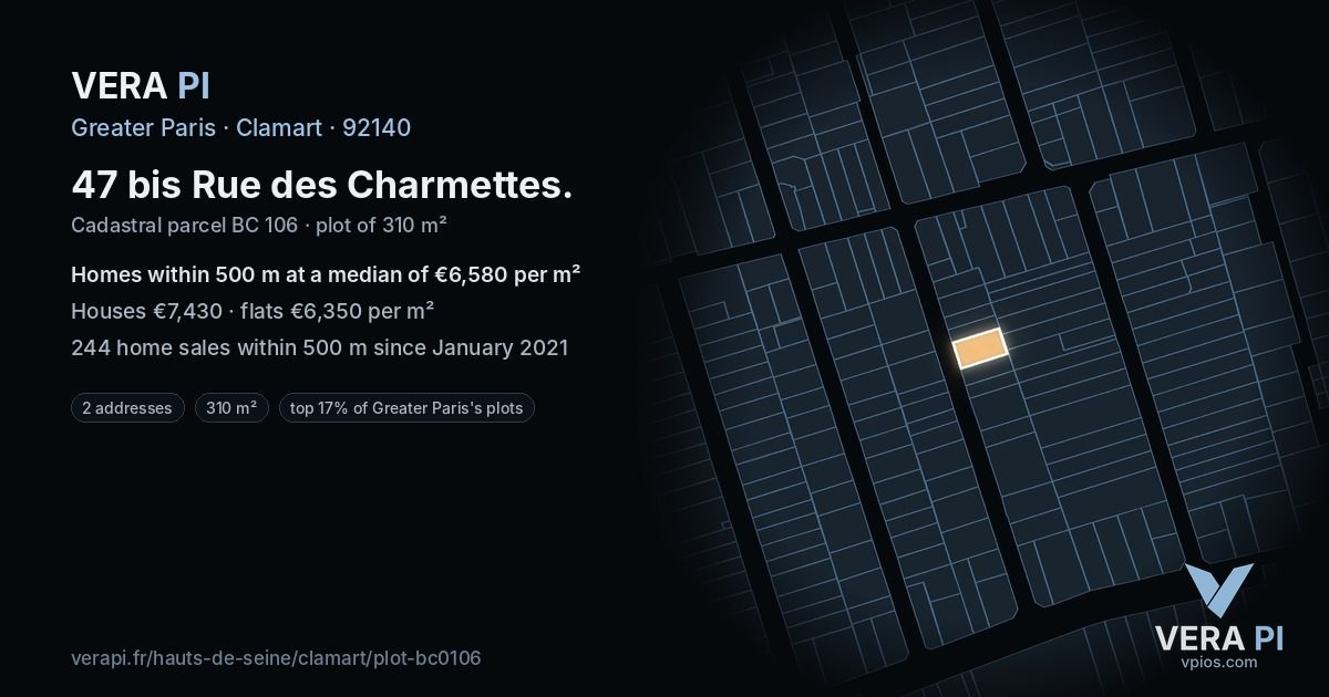 47 bis Rue des Charmettes, Clamart at night – the plot lit, the parcels around coloured by the prices near them