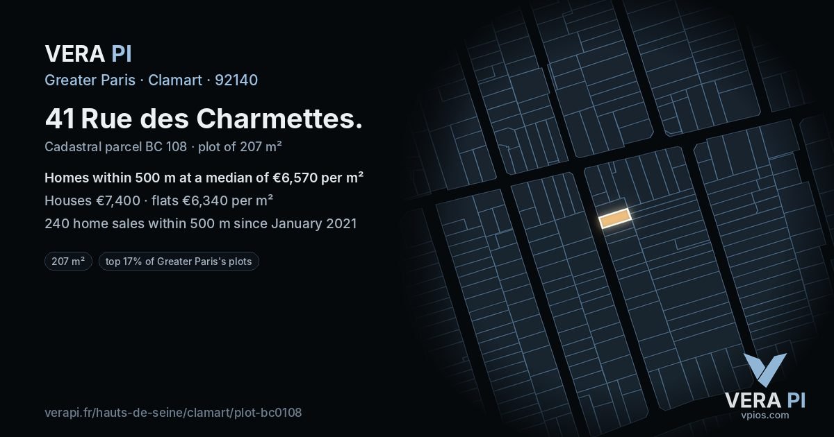 41 Rue des Charmettes, Clamart at night – the plot lit, the parcels around coloured by the prices near them