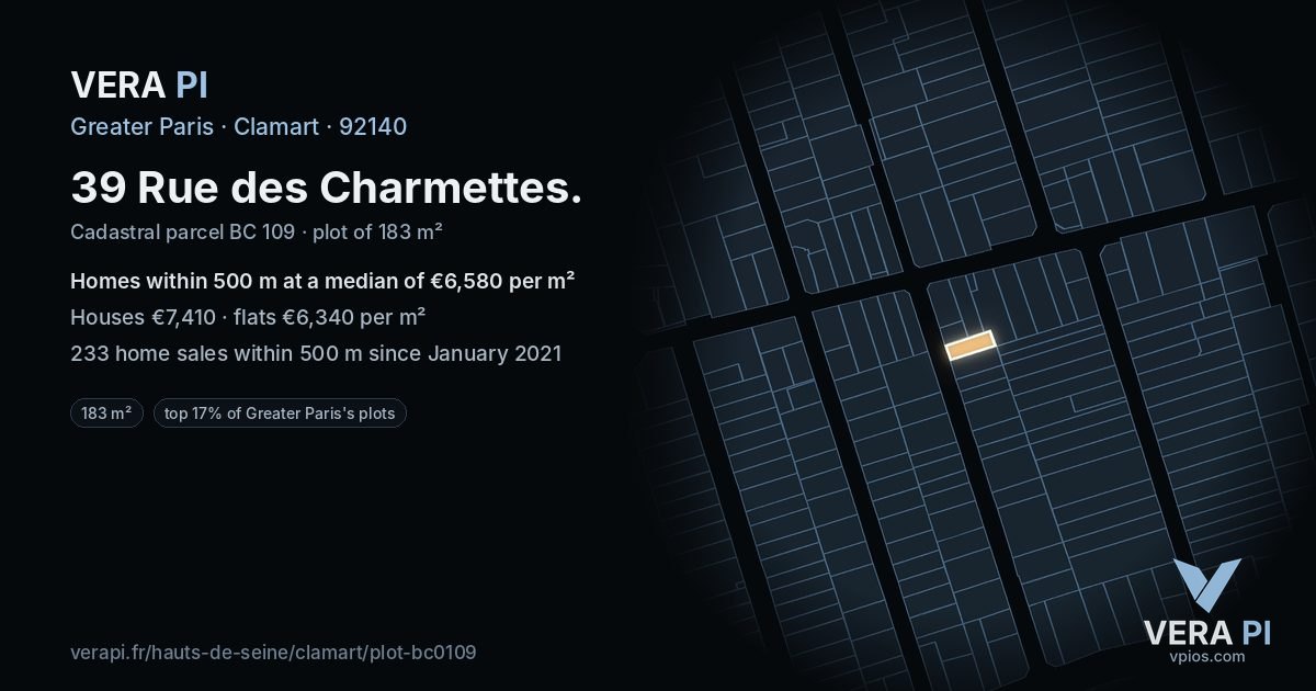 39 Rue des Charmettes, Clamart at night – the plot lit, the parcels around coloured by the prices near them