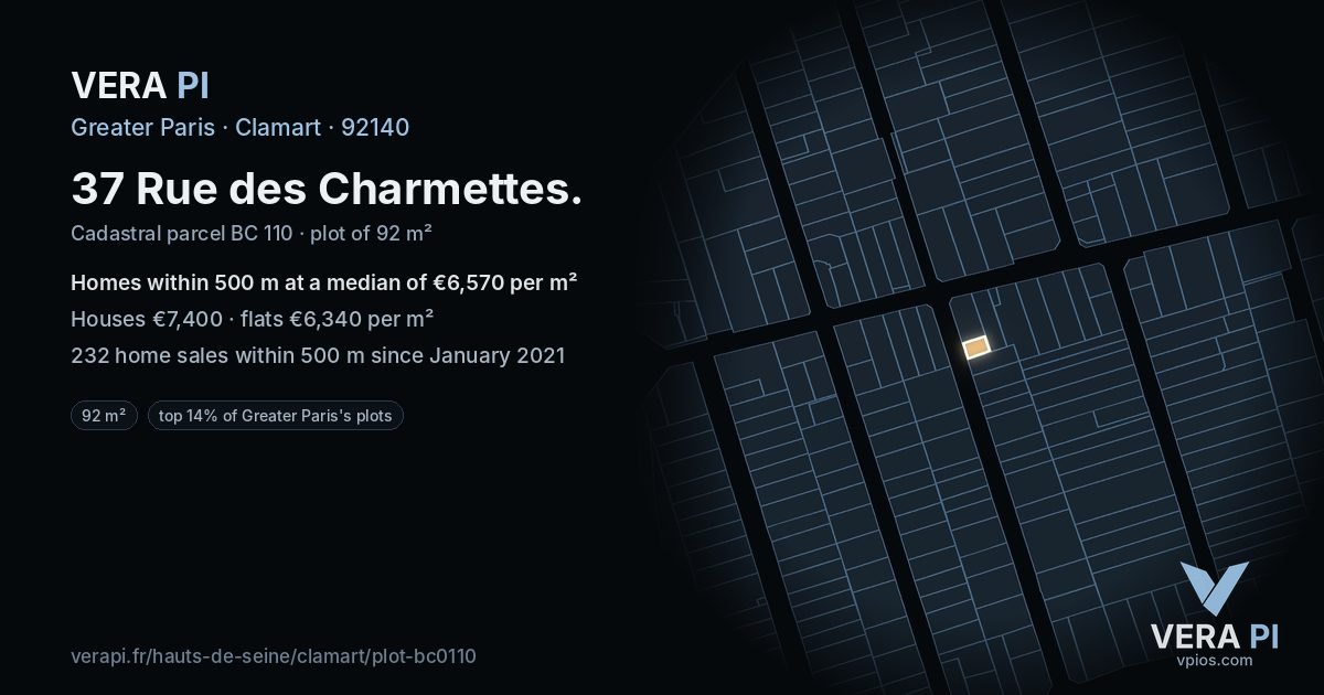 37 Rue des Charmettes, Clamart at night – the plot lit, the parcels around coloured by the prices near them