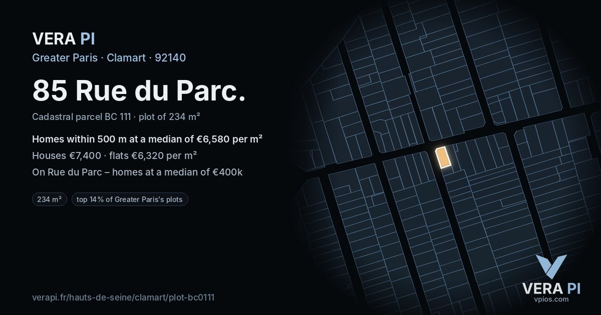 85 Rue du Parc, Clamart at night – the plot lit, the parcels around coloured by the prices near them