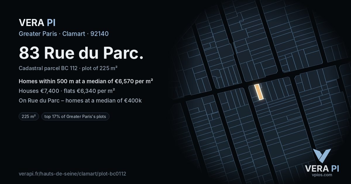 83 Rue du Parc, Clamart at night – the plot lit, the parcels around coloured by the prices near them