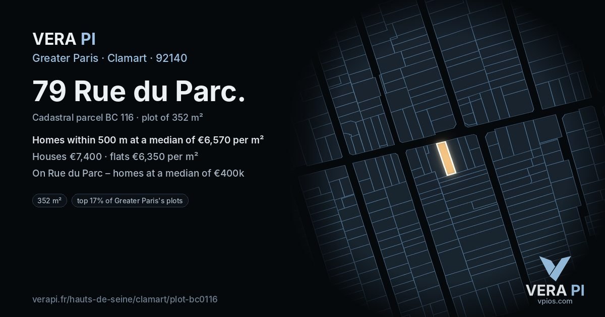 79 Rue du Parc, Clamart at night – the plot lit, the parcels around coloured by the prices near them