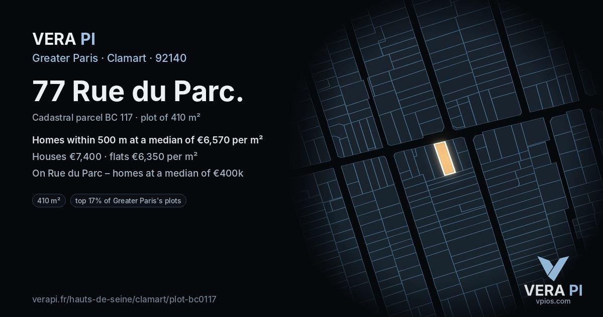 77 Rue du Parc, Clamart at night – the plot lit, the parcels around coloured by the prices near them