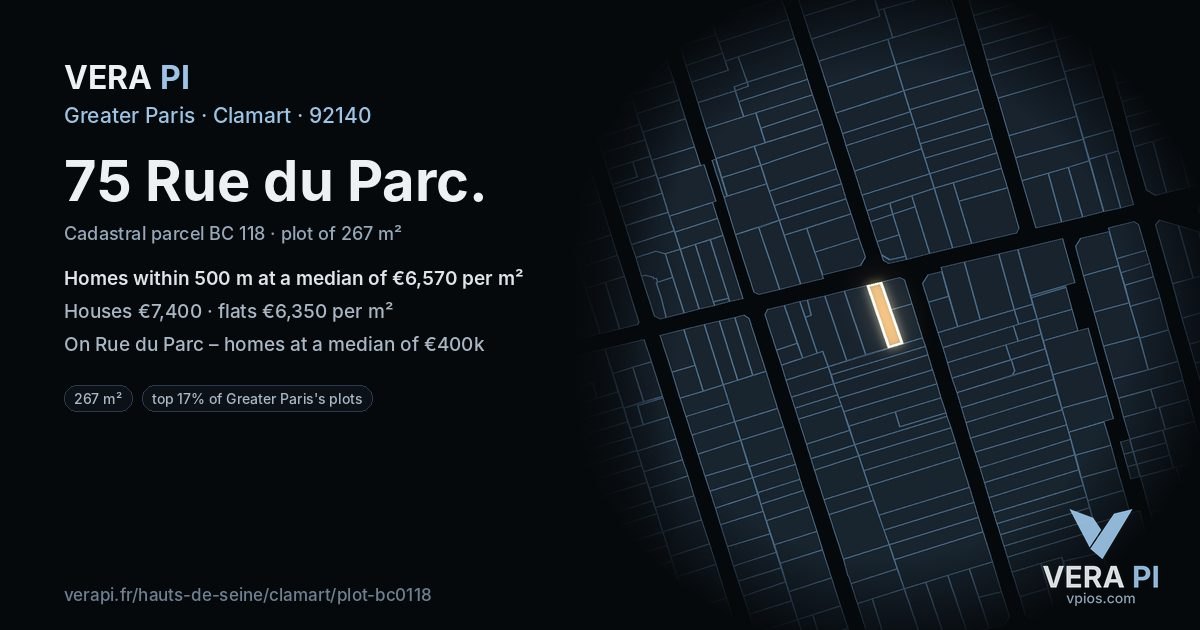 75 Rue du Parc, Clamart at night – the plot lit, the parcels around coloured by the prices near them