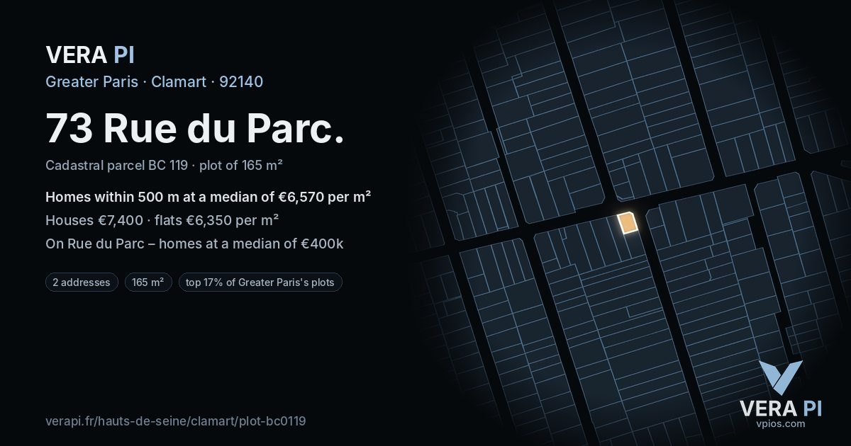 73 Rue du Parc, Clamart at night – the plot lit, the parcels around coloured by the prices near them