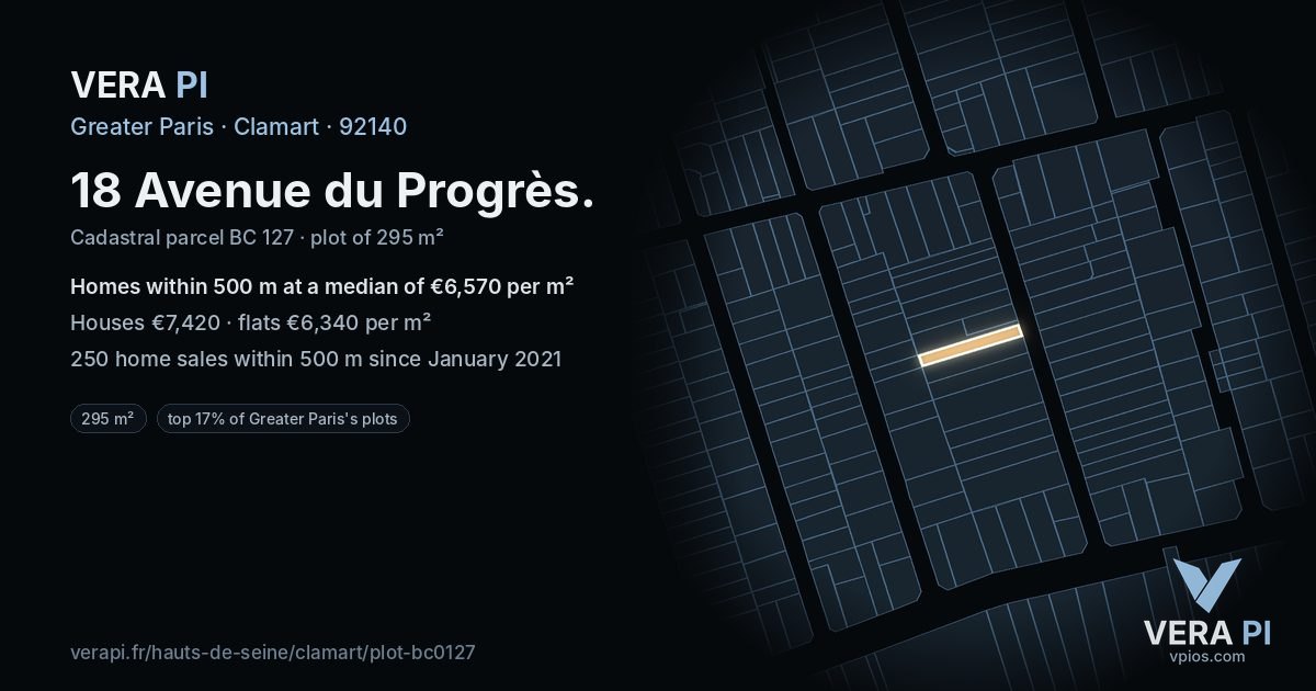 18 Avenue du Progrès, Clamart at night – the plot lit, the parcels around coloured by the prices near them