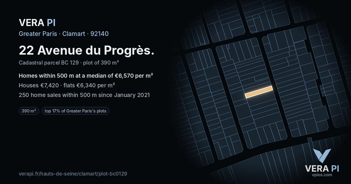 22 Avenue du Progrès, Clamart at night – the plot lit, the parcels around coloured by the prices near them