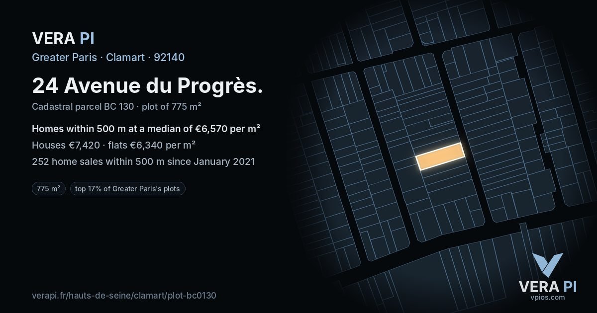 24 Avenue du Progrès, Clamart at night – the plot lit, the parcels around coloured by the prices near them