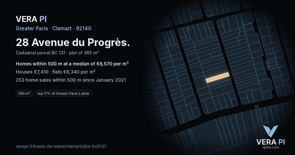 28 Avenue du Progrès, Clamart at night – the plot lit, the parcels around coloured by the prices near them