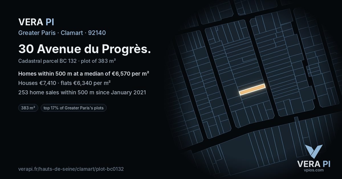 30 Avenue du Progrès, Clamart at night – the plot lit, the parcels around coloured by the prices near them