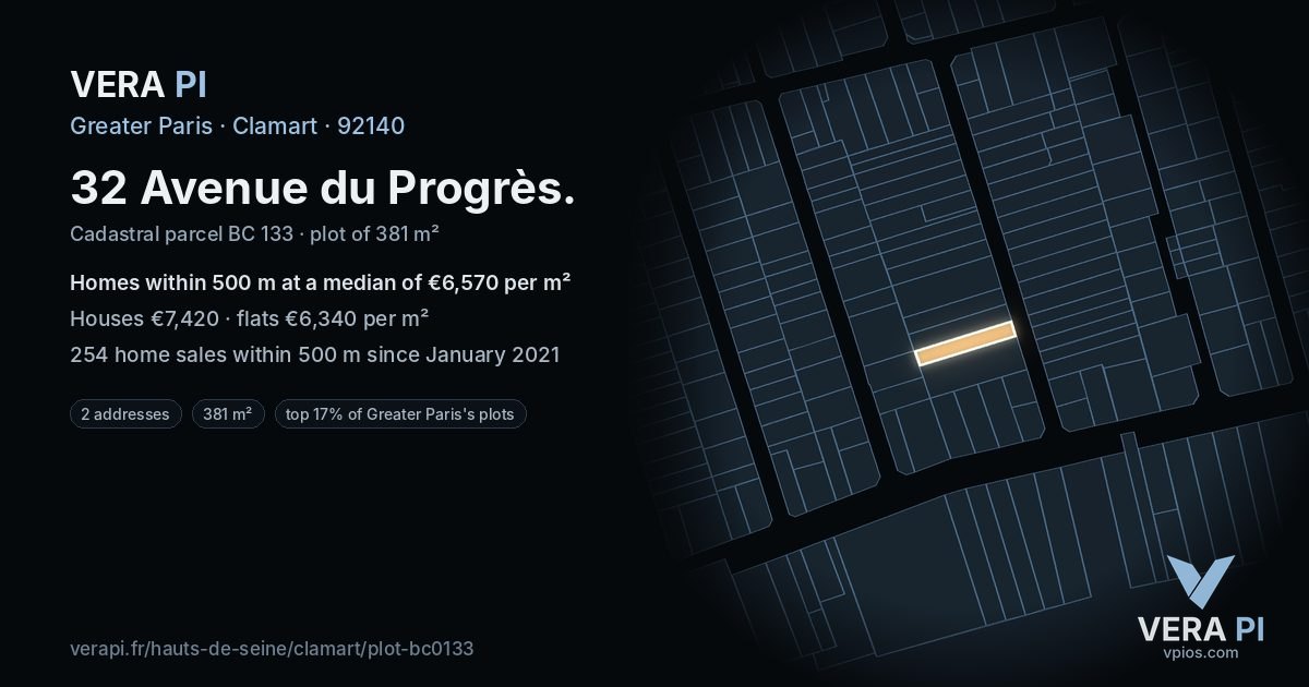 32 Avenue du Progrès, Clamart at night – the plot lit, the parcels around coloured by the prices near them