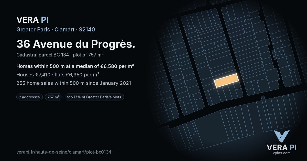 36 Avenue du Progrès, Clamart at night – the plot lit, the parcels around coloured by the prices near them