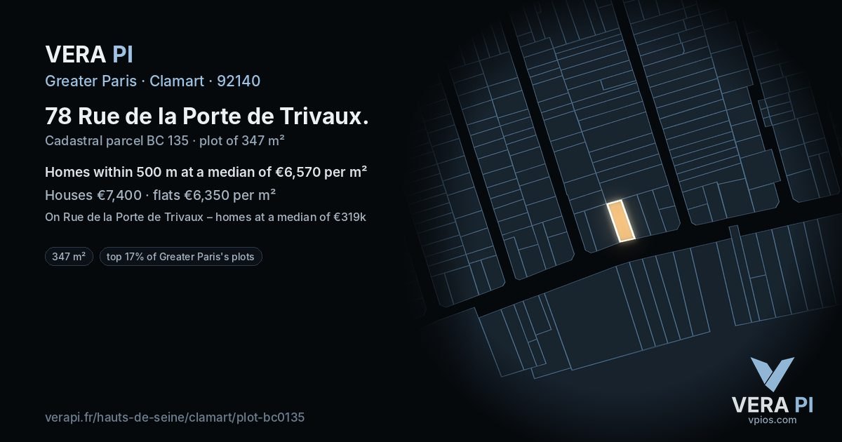 78 Rue de la Porte de Trivaux, Clamart at night – the plot lit, the parcels around coloured by the prices near them