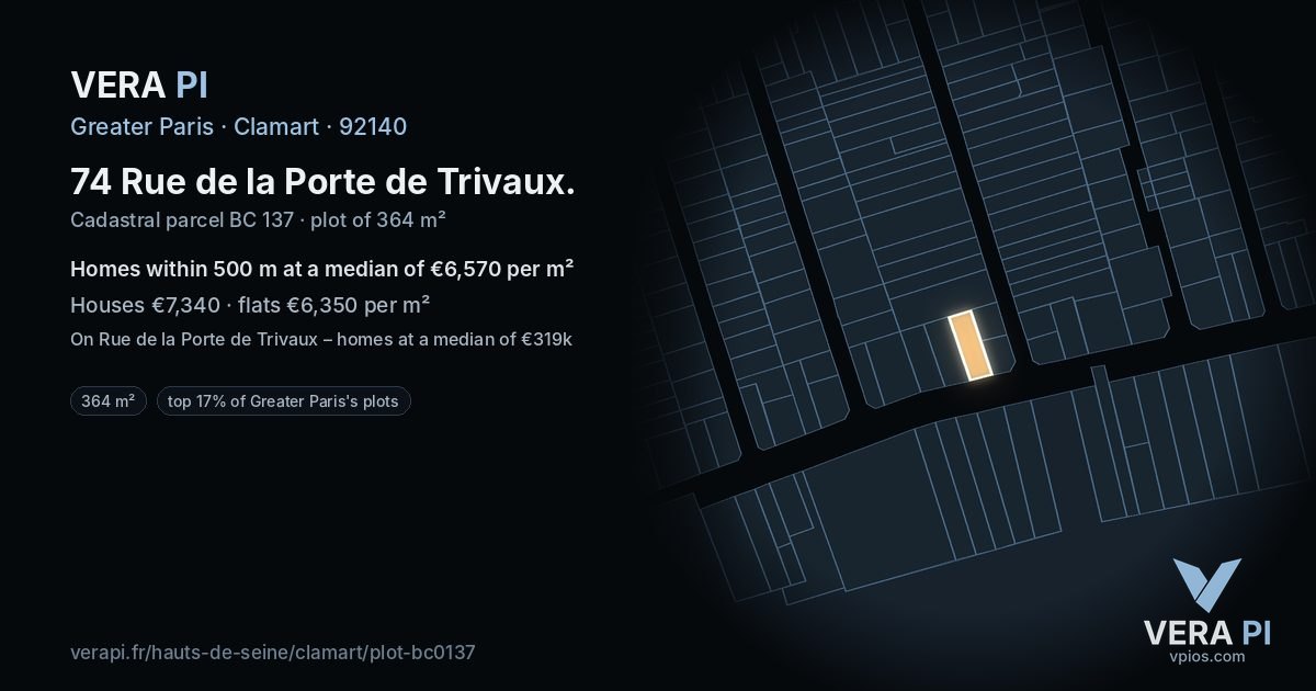 74 Rue de la Porte de Trivaux, Clamart at night – the plot lit, the parcels around coloured by the prices near them