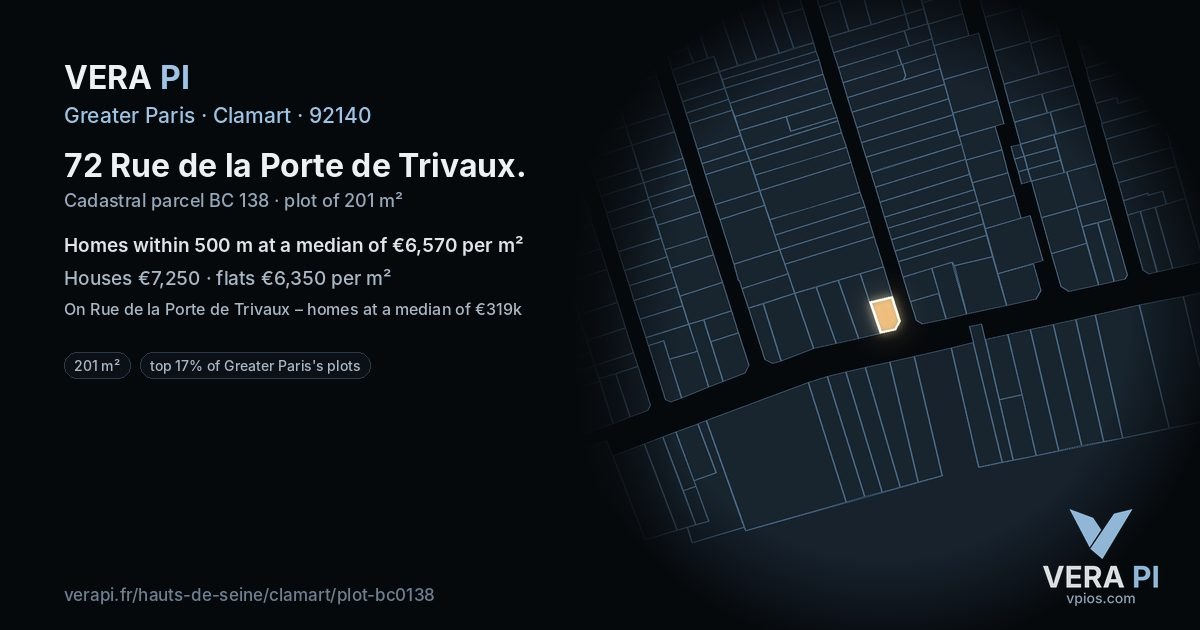72 Rue de la Porte de Trivaux, Clamart at night – the plot lit, the parcels around coloured by the prices near them