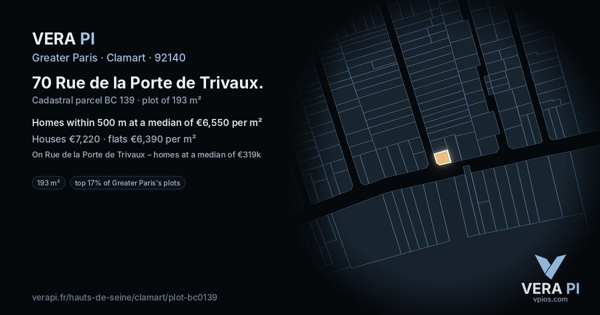 70 Rue de la Porte de Trivaux, Clamart at night – the plot lit, the parcels around coloured by the prices near them