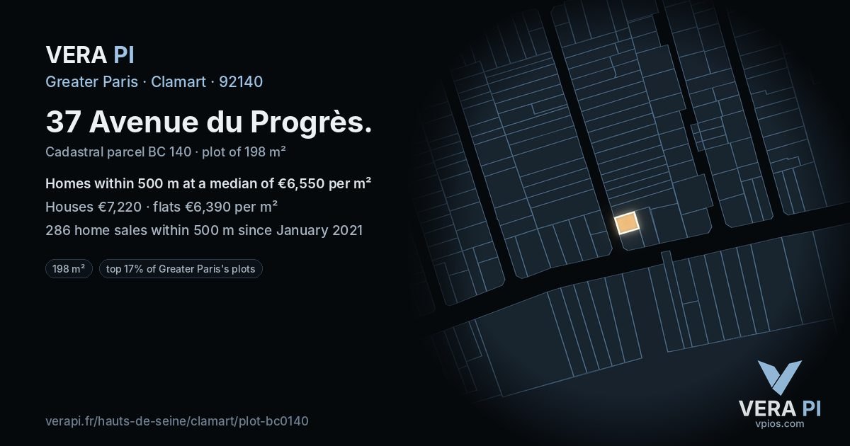 37 Avenue du Progrès, Clamart at night – the plot lit, the parcels around coloured by the prices near them