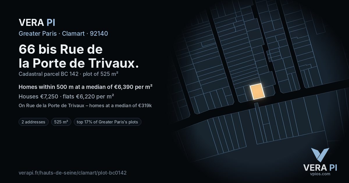 66 bis Rue de la Porte de Trivaux, Clamart at night – the plot lit, the parcels around coloured by the prices near them