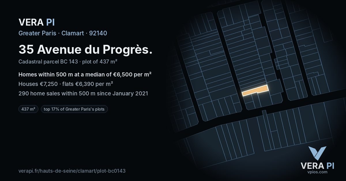 35 Avenue du Progrès, Clamart at night – the plot lit, the parcels around coloured by the prices near them